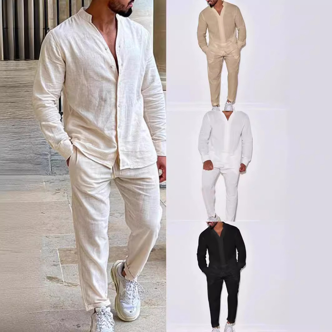 Mens Linen Shirt Long Sleeve - 男性用リネンと長袖のシャツとズボンのセット,レジャースーツ,快適,春,秋,ファッショナブル,特別オファー,2個