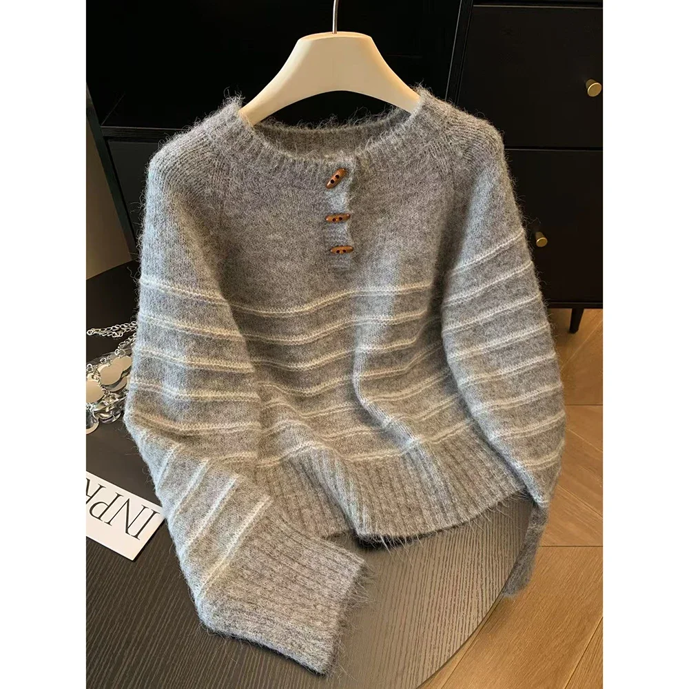 Shirts - 秋冬レディースストライプウールカシミヤセーター、ゆったり暖かいニットプルオーバーベースシャツ
