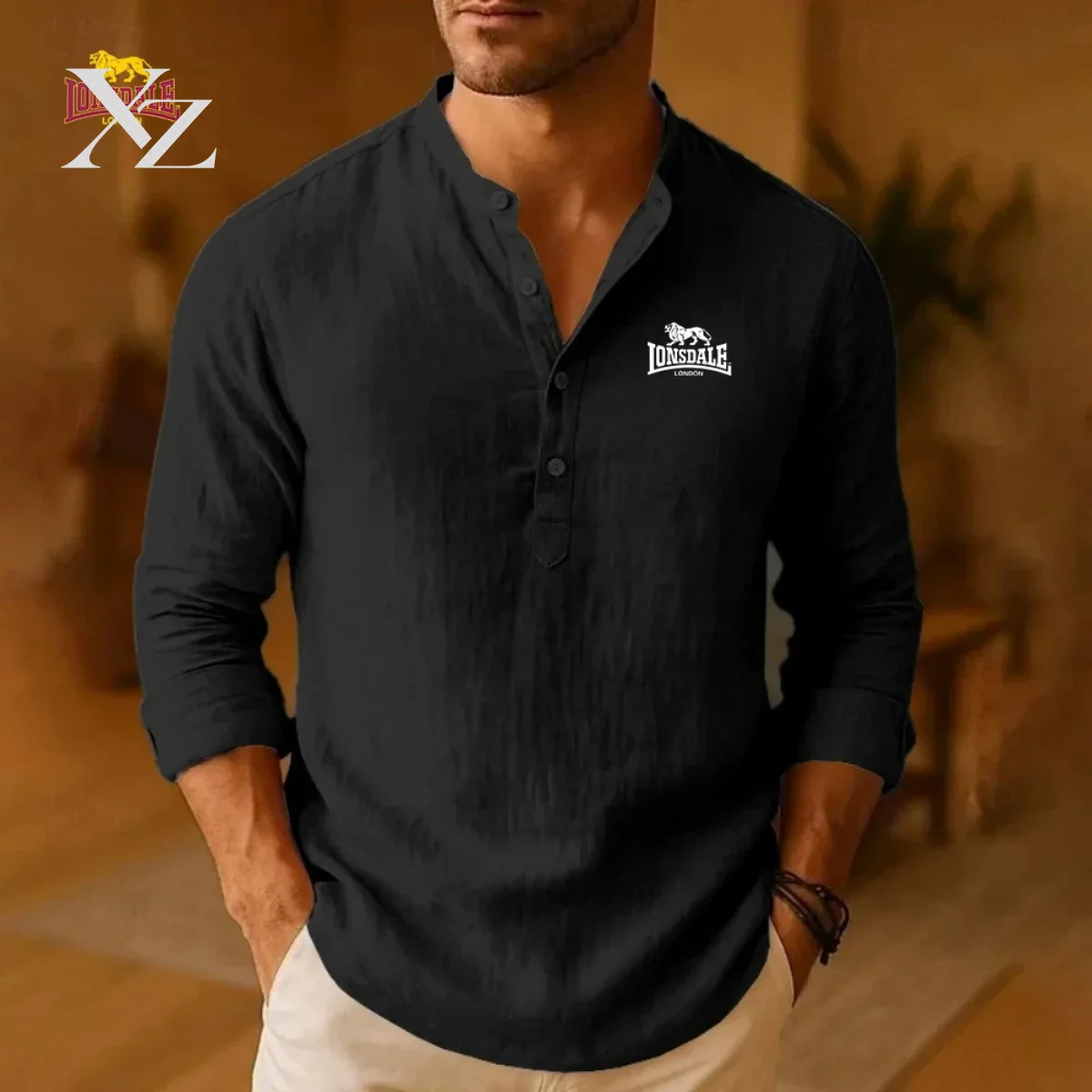 Mens Linen Shirt Long Sleeve - LONSDALEのメンズ向け新作カジュアルシャツ。軽量で肌触りの良い純綿の長袖ヘンリーシャツや、ビーチウェアに最適なリネンシャツなど、様々なスタイルをご用意。