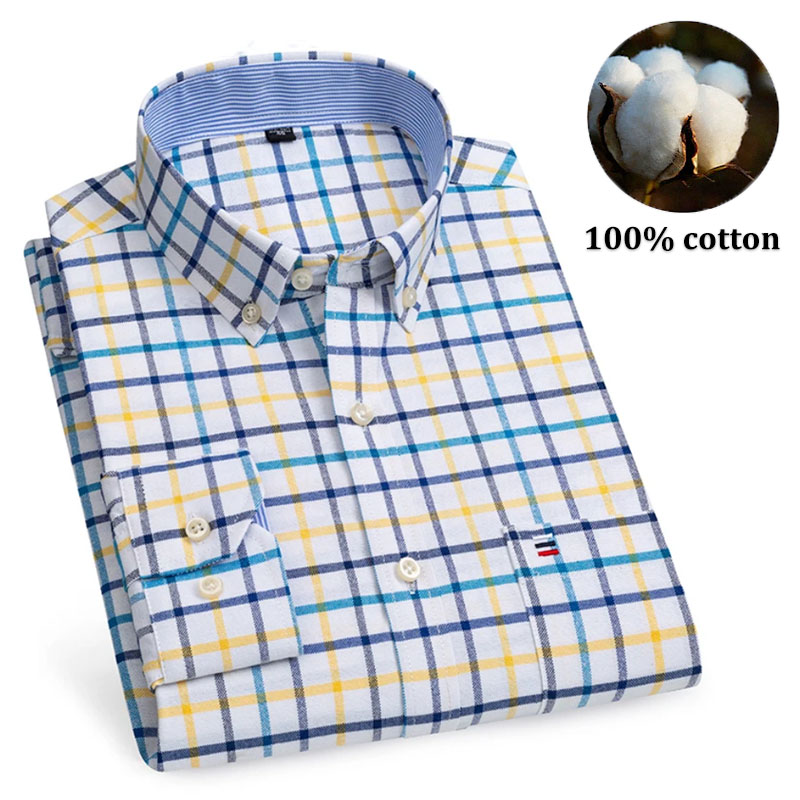 Oxford Cotton Casual Shirt Business - メンズ 100% コットンシャツ 長袖 ストライプ柄 チェック柄