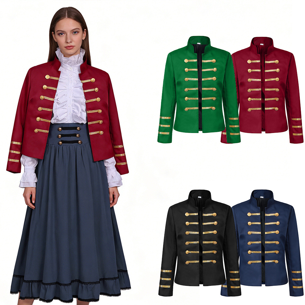 Jackets - 中世風の宮廷スタイル、ダブルブレスト、レトロなスタンドカラーのジャケット。女性用、ミリタリー風、儀仗兵風、舞台パフォーマンス用コート。