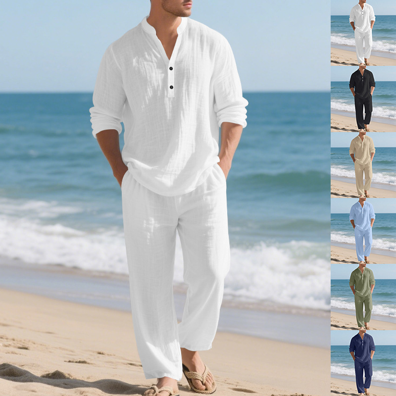 Mens Linen Shirt Long Sleeve - リネン秋新作メンズスーツビーチスタイルゆったりカジュアル通気性Vネック長袖ヘンリーシャツとストレートレッグパンツ2点セット