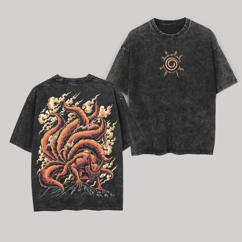 Acid Wash Vintage Graphic T Shirt - 鞍馬 Tシャツ九尾ナルトヴィンテージアシッドウォッシュストリートウェアオーバーサイズ九尾の狐レトロアニメグラフィックメンズTシャツコットントップ