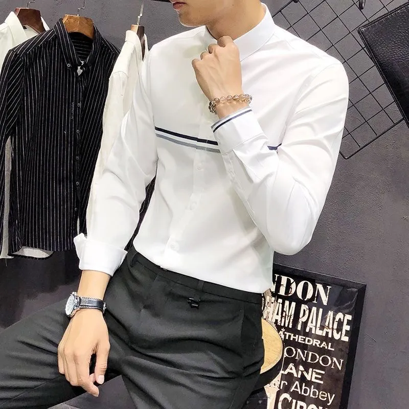 メンズマンダリンカラーロングスリーブシャツ、コントラストスト - Mandarin Collar Formal Shirt Slim Fit のレビューと価格