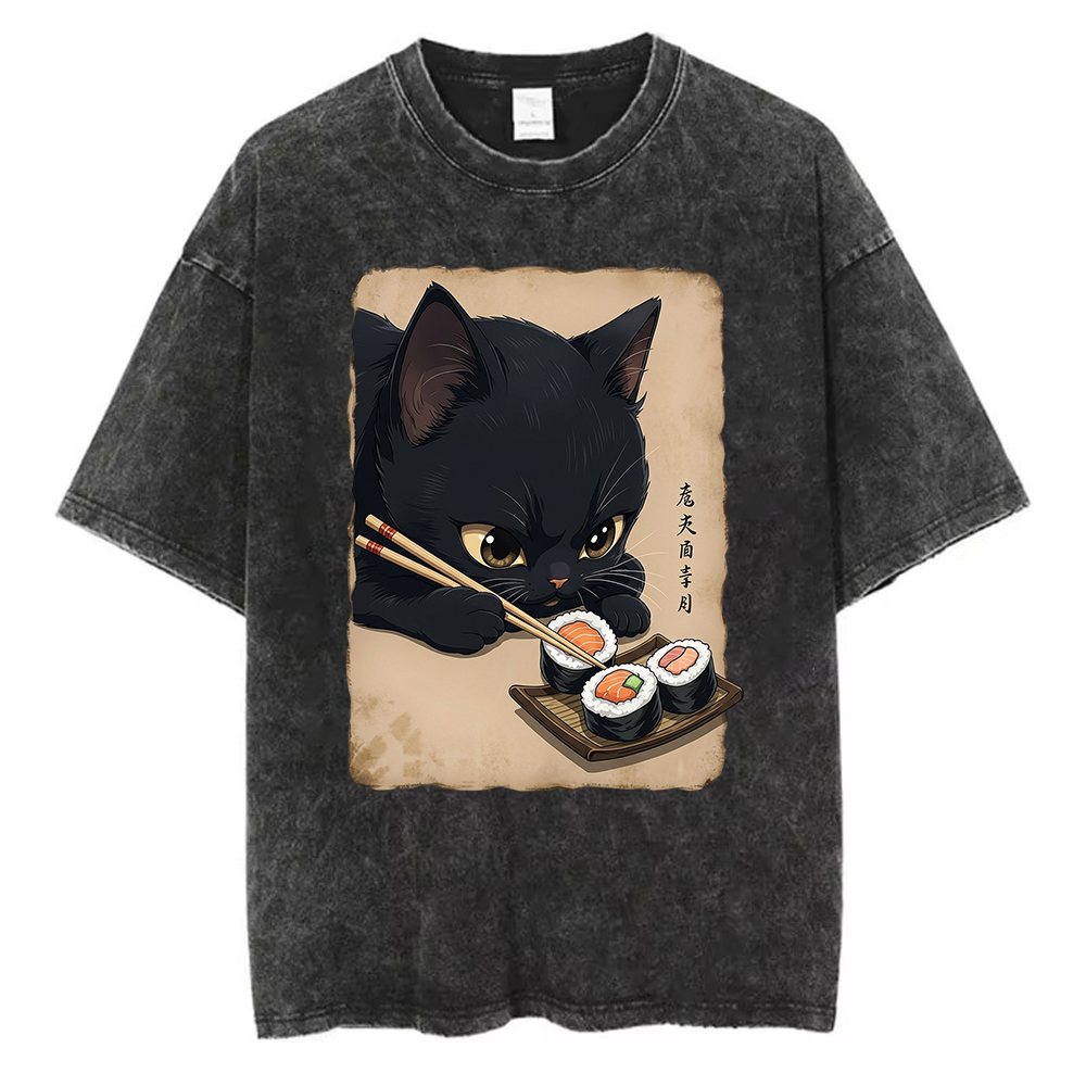 ヴィンテージウォッシュドコットンTシャツ メンズ 黒猫が寿司 - Acid Wash Vintage Graphic T Shirt のレビューと価格