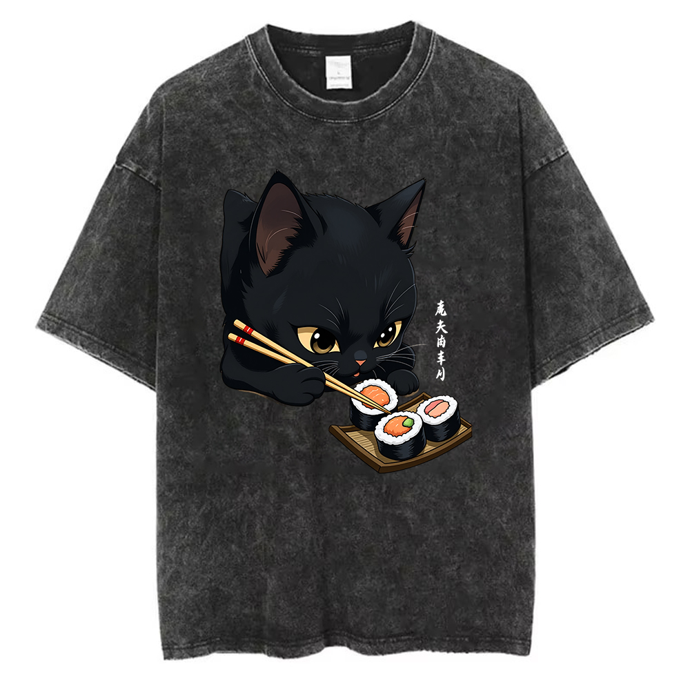 ヴィンテージウォッシュドコットンTシャツ メンズ 黒猫が寿司 - Acid Wash Vintage Graphic T Shirt のレビューと価格