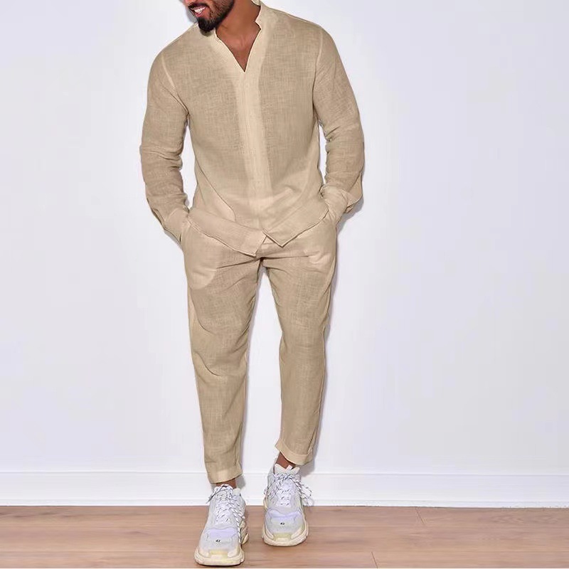 男性用リネンと長袖のシャツとズボンのセット,レジャースーツ, - Mens Linen Shirt Long Sleeve のレビューと価格
