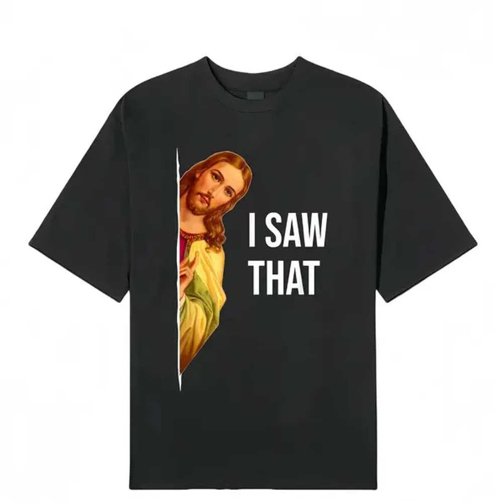 メンズレトロ「I Saw It」ジーザス・ミームTシャツ、面 - Short Sleeve Bowling Shirt Retro のレビューと価格