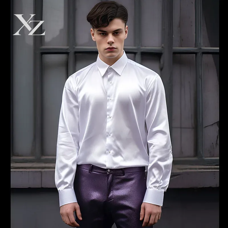 メンズ サテンシルク風 光沢のある滑らかな素材のドレスシャツ - Mens Satin Silk Dress Shirt のレビューと価格