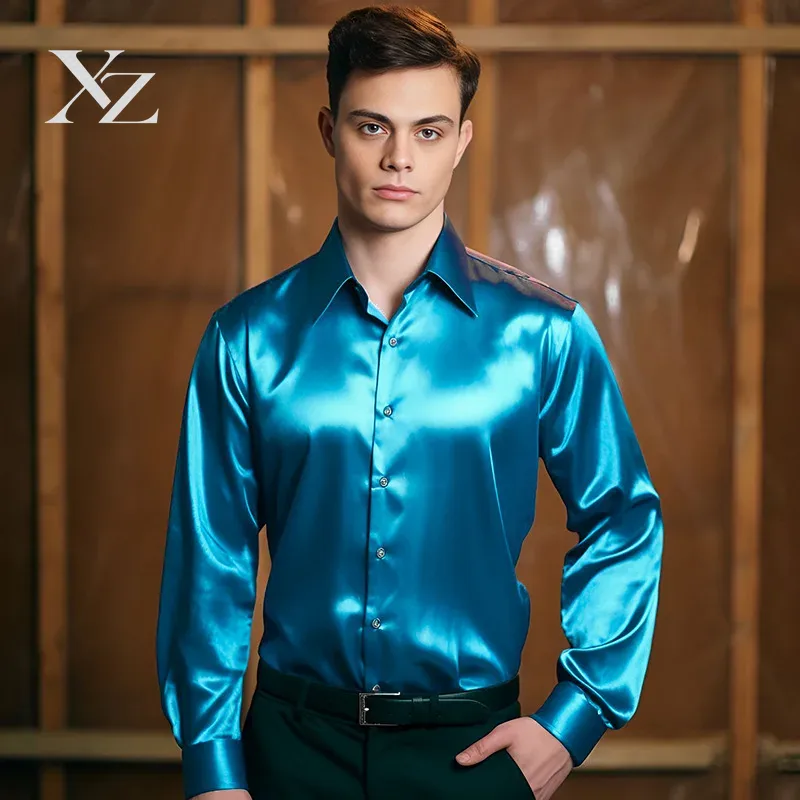 メンズ サテンシルク風 光沢のある滑らかな素材のドレスシャツ - Mens Satin Silk Dress Shirt のレビューと価格