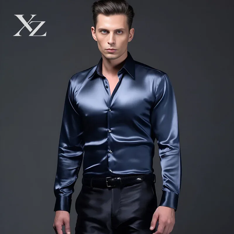 メンズ サテンシルク風 光沢のある滑らかな素材のドレスシャツ - Mens Satin Silk Dress Shirt のレビューと価格