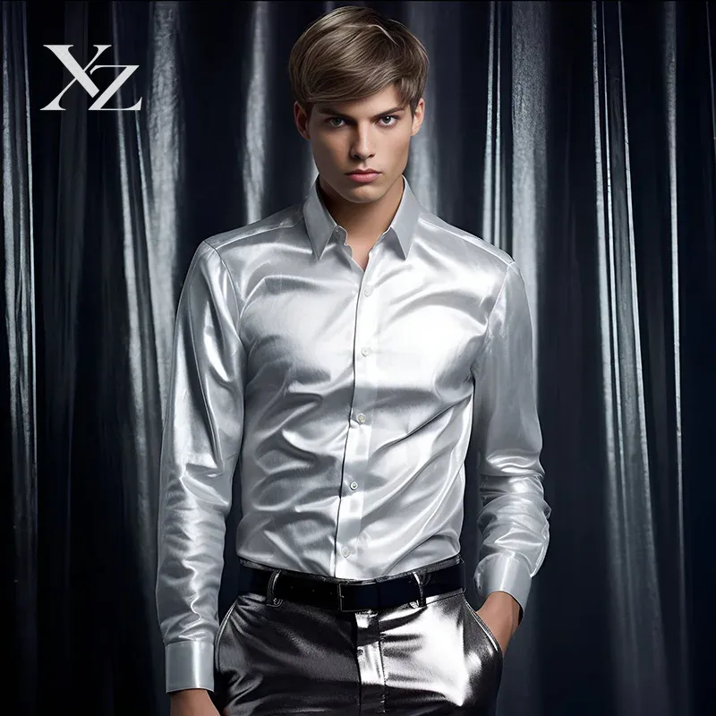 メンズ サテンシルク風 光沢のある滑らかな素材のドレスシャツ - Mens Satin Silk Dress Shirt のレビューと価格