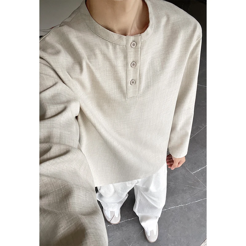 メンズカジュアルフェイクリネンヘンリーティー、長袖、3ボタン - Mens Linen Shirt Long Sleeve のレビューと価格