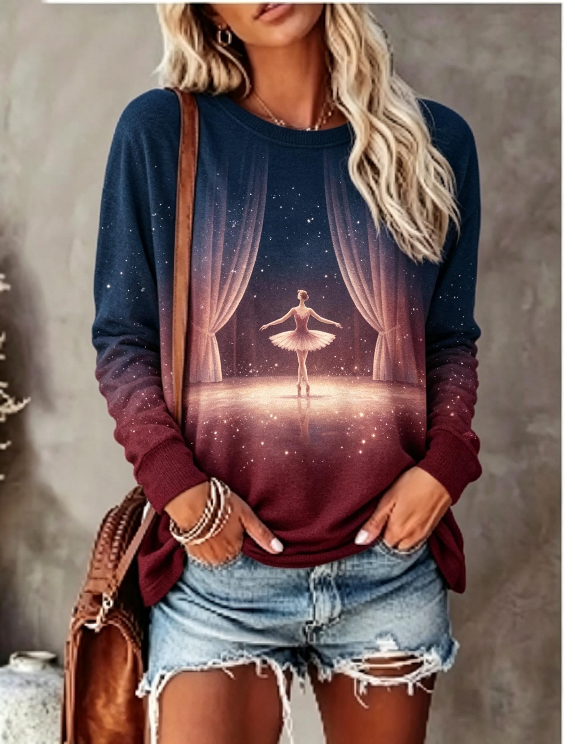 女性用長袖Tシャツ バレエダンサー ステージカーテン スター - T-Shirts のレビューと価格