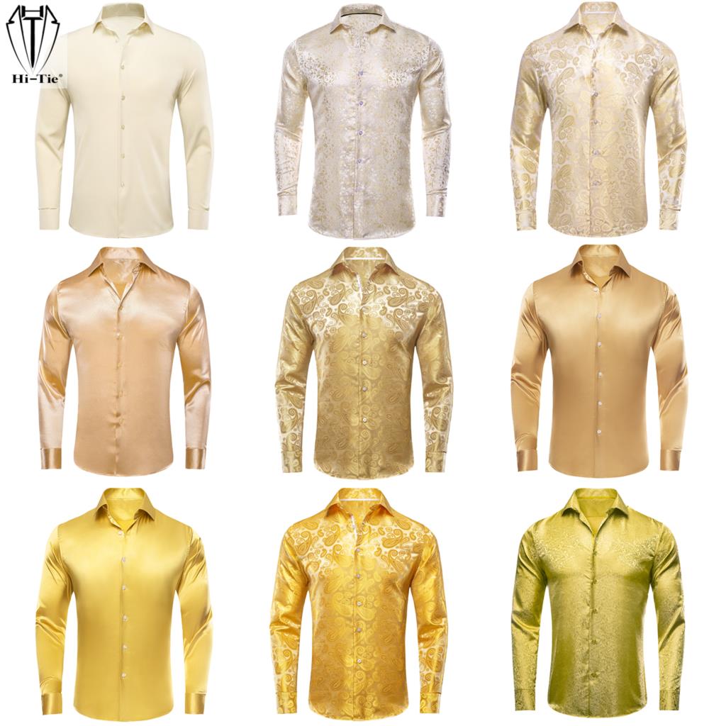Hi-tie-女性と男性のための長袖Tシャツ,ゴールド,ベー - Mens Satin Silk Dress Shirt のレビューと価格