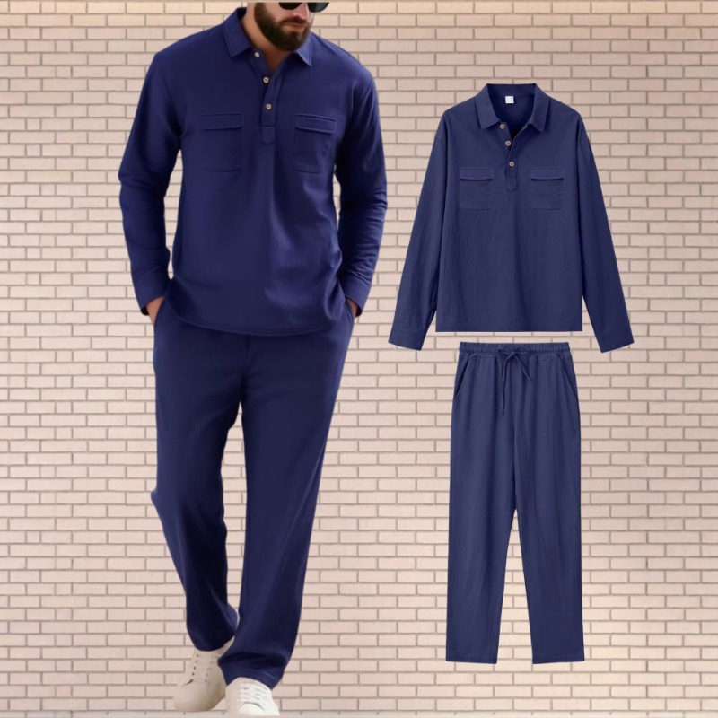 メンズリネン混紡ツーピースセット 長袖シャツとドローストリン - Mens Linen Shirt Long Sleeve のレビューと価格