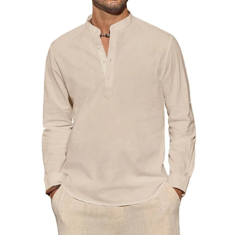メンズ長袖Tシャツ カジュアル 軽量 通気性 ヘンリーネック - Mens Linen Shirt Long Sleeve のレビューと価格